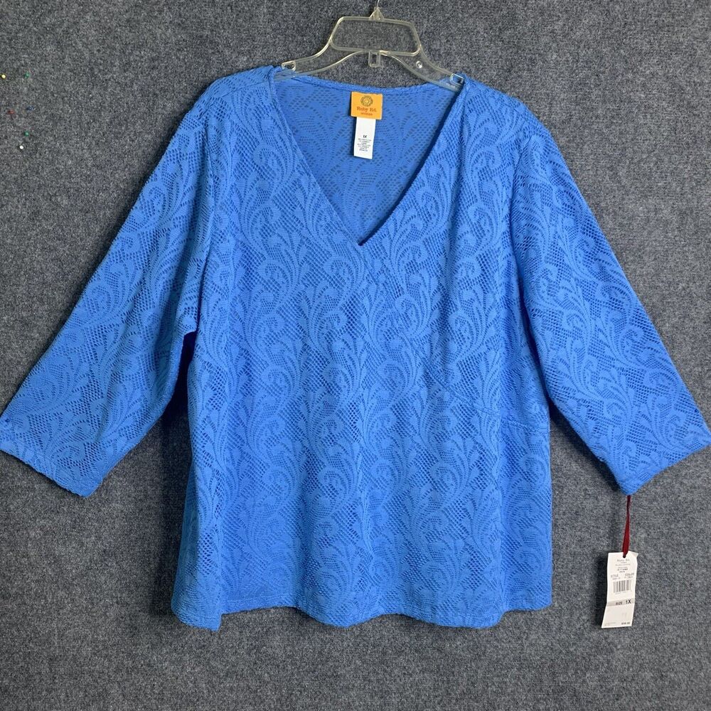 Ruby Road NWT Blue Lace Top Plus Size 1X Texture Lace 3/4 Sleeve Pullover V-Neck